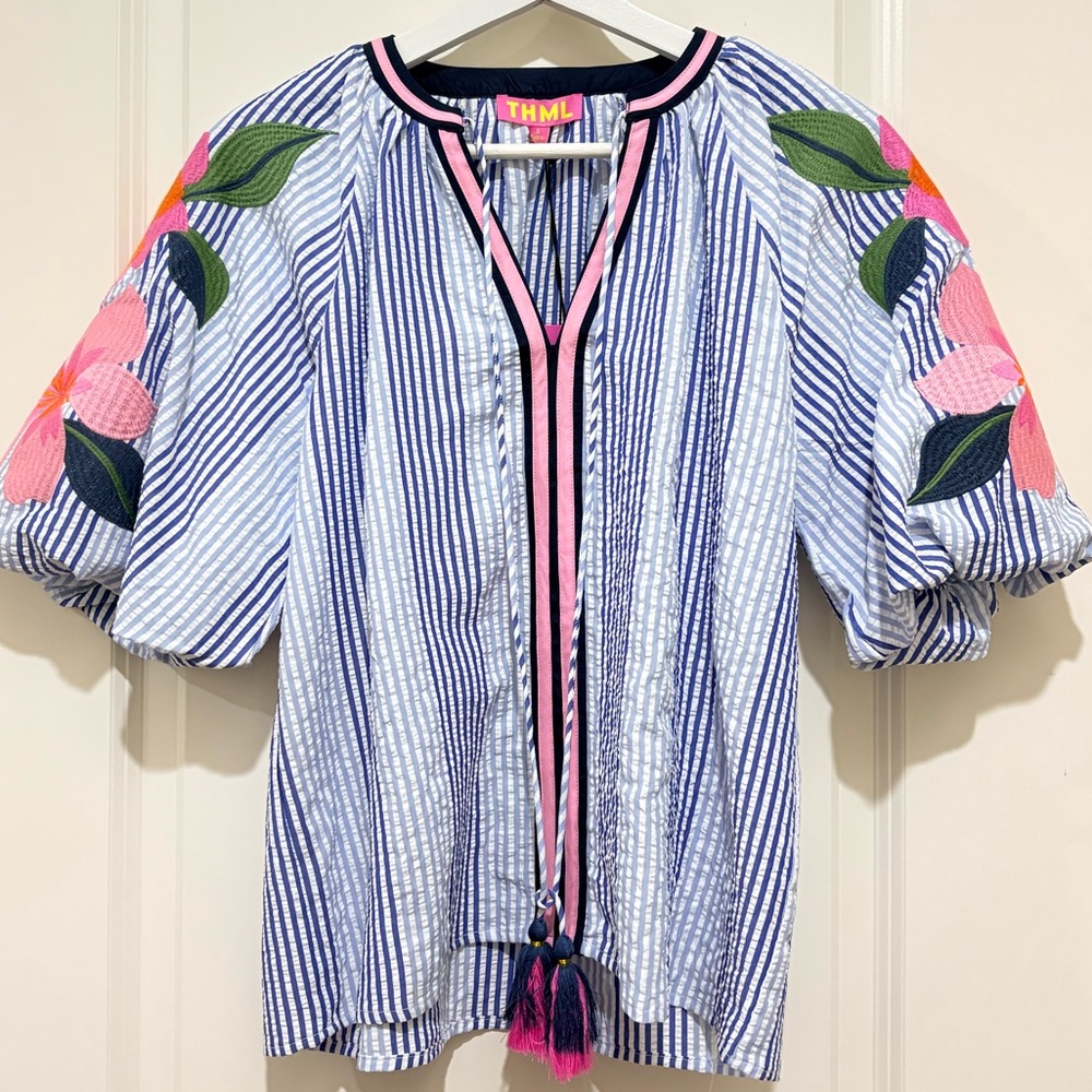 THML Coleen Top in Blue & White Stripe,Puff Sleeves With Floral Accents - Picture 6 of 9